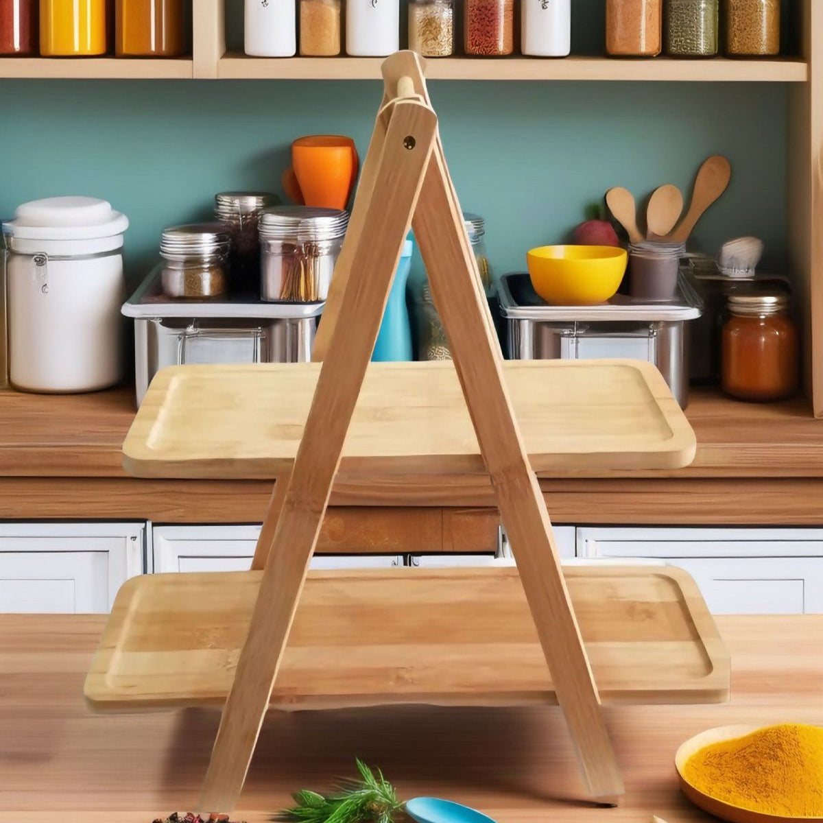 Bamboo Presentation Stand, 2 Tiers, Rectangular Well