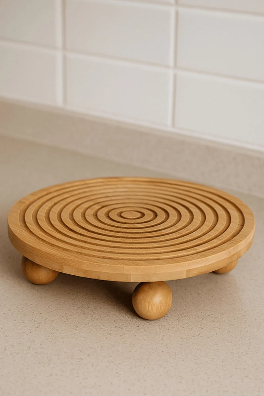 Bambu Dekoratif Top Ayaklı Yuvarlak Sunum Tabağı, Servis Tabağı, (28 X 28 cm)