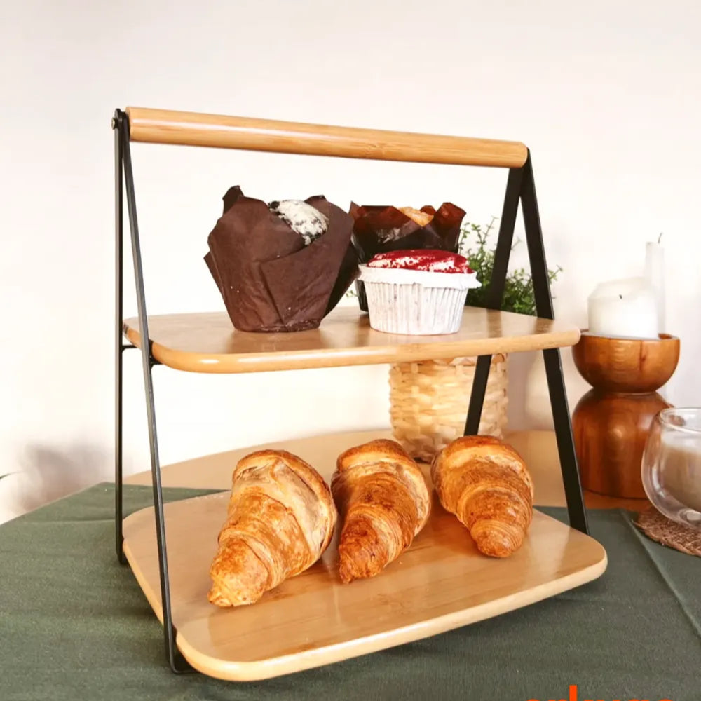 Bamboo Presentation Stand, 2 Tiers, Metal Legs