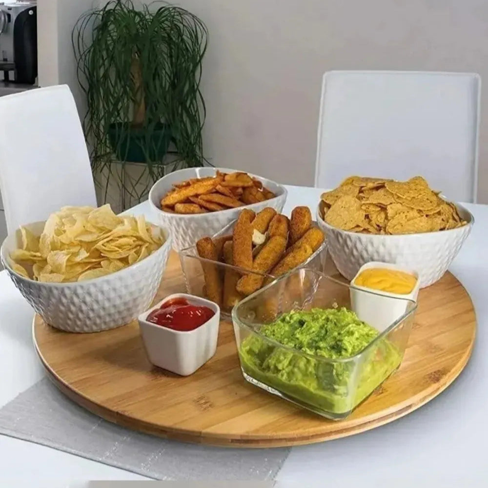 Bambu Servis Sunum Tabağı, Pizza Servis Tepsisi, 4 Ayaklı, Yuvarlak