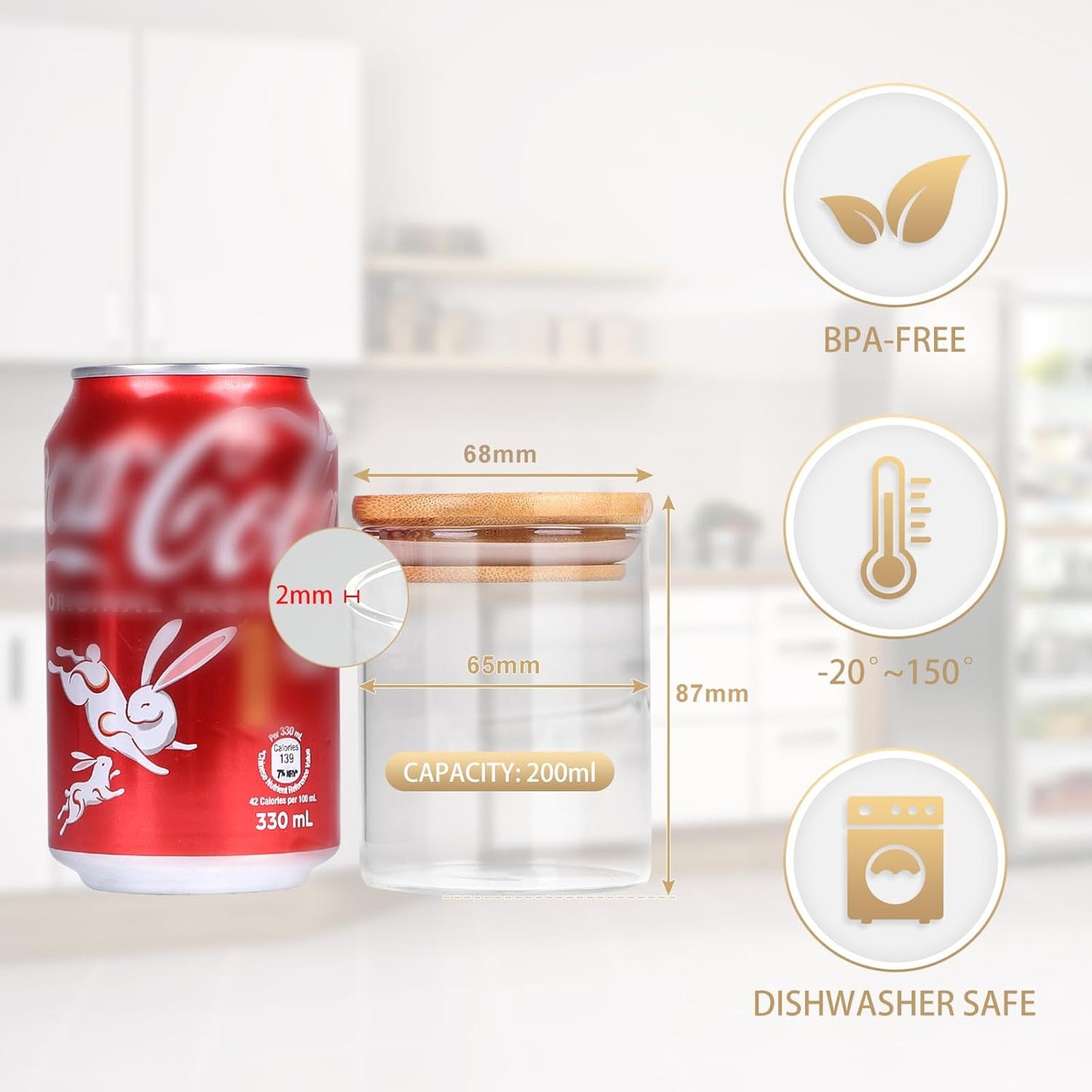 Borosilikat Baharatlık Seti, 12'li Set, Saklama Kabı, Bambu Kapak, 200ml