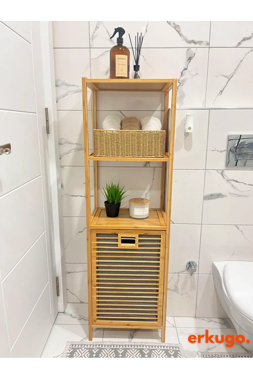 Bambu Kirli Sepetli Dolap, 3 Katlı, Çamaşır Sepeti, Banyo Dolabı