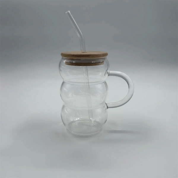 Bubble Kulplu Borosilikat Cam Bardak – Isıya Dayanıklı 600 ml - Bambu Kapaklı