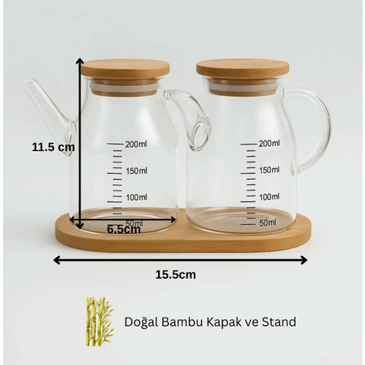 Mini Yağdanlık ve Sosluk Seti, Bambu Stantlı ve Vakumlu Bambu Kapaklı, 2'li 200 Ml Salata Seti