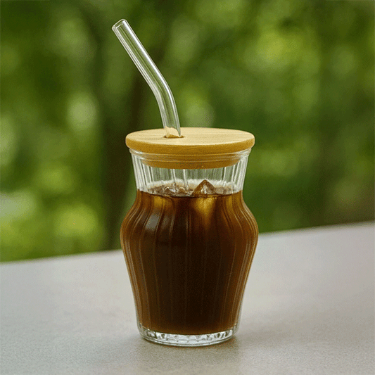 Çizgili Chubby Borosilikat Cam Bardak – 500 ml - Bambu Kapaklı