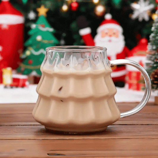 Çam Ağacı Model Borosilikat Cam Bardak, 400 ml Kulplu Cam Kupa, Pipet Hediyeli