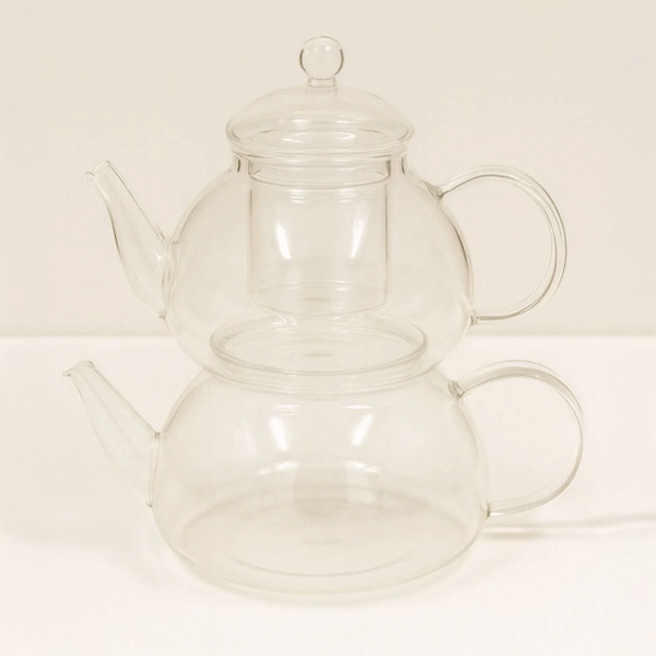 Elegan 600+1000ml Cam Süzgeçli Borosilikat Cam Demlik, Isıya Dayanıklı Cam Kapaklı, Çaydanlık