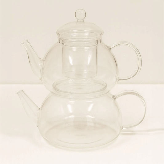 Elegan 600+1000ml Cam Süzgeçli Borosilikat Cam Demlik, Isıya Dayanıklı Cam Kapaklı, Çaydanlık