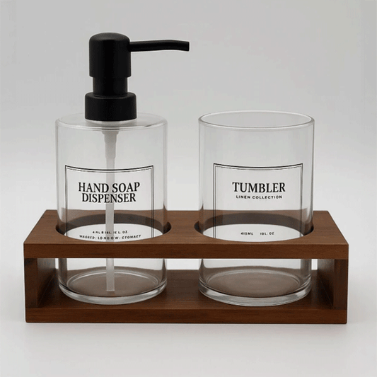 Akasya Stantlı Tumbler Cam Sabunluk ve Diş Fırçalık Seti, Banyo Sıvı Sabunluk 430ml