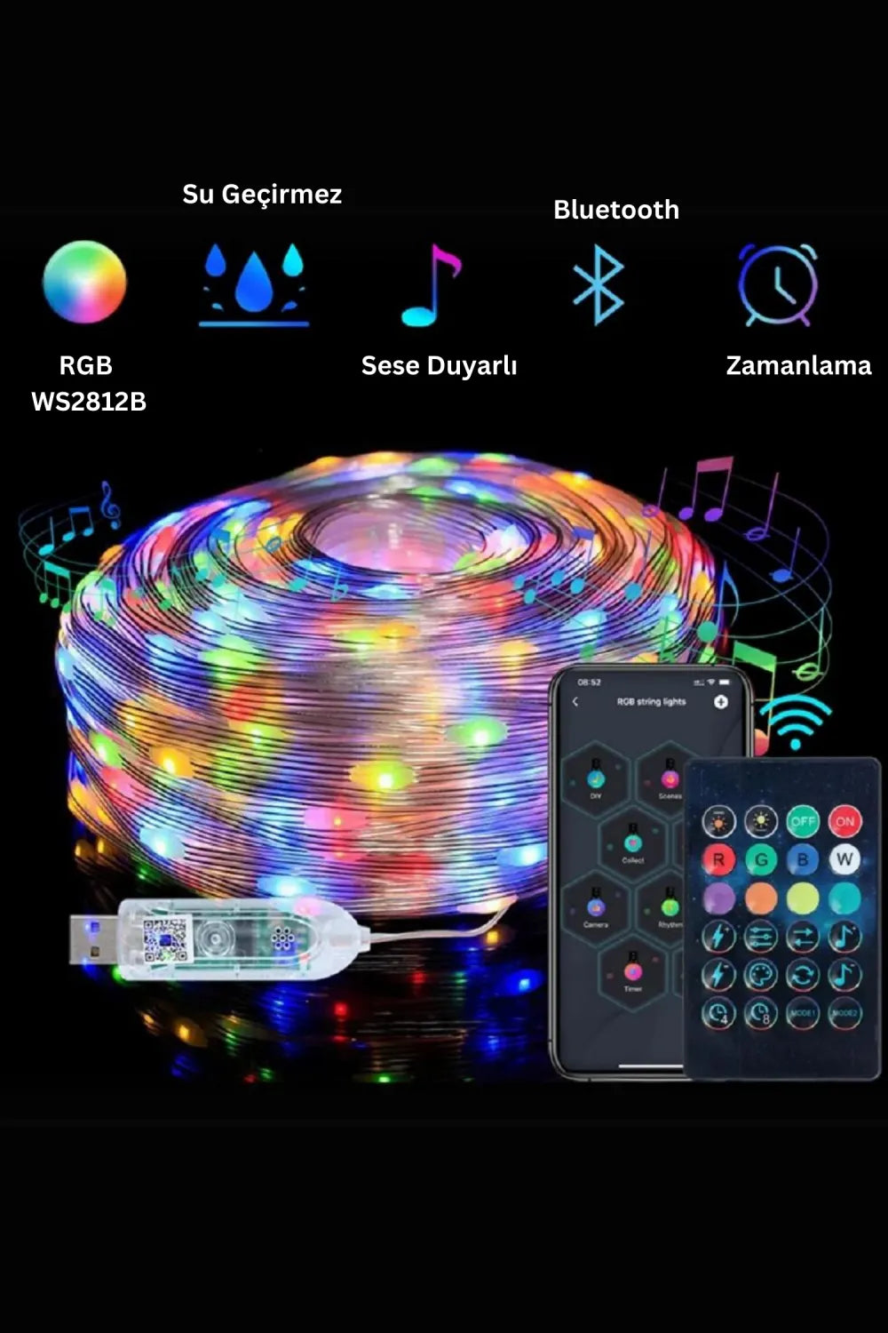 RGB Fairy Led - 10 Meters, 100 Led, WS2812B Animated, Phone Controlled, Remote Controlled