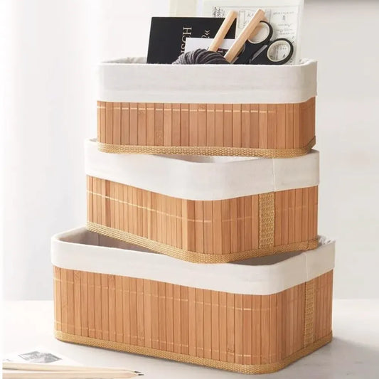 3'lü Bambu Sepet, Saklama Kutusu – Dikdörtgen & Astarlı