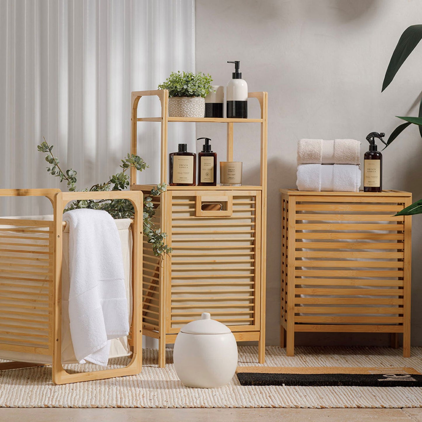 Bambu Kirli Sepetli Dolap, 2 Katlı, Çamaşır Sepeti, Banyo Dolabı