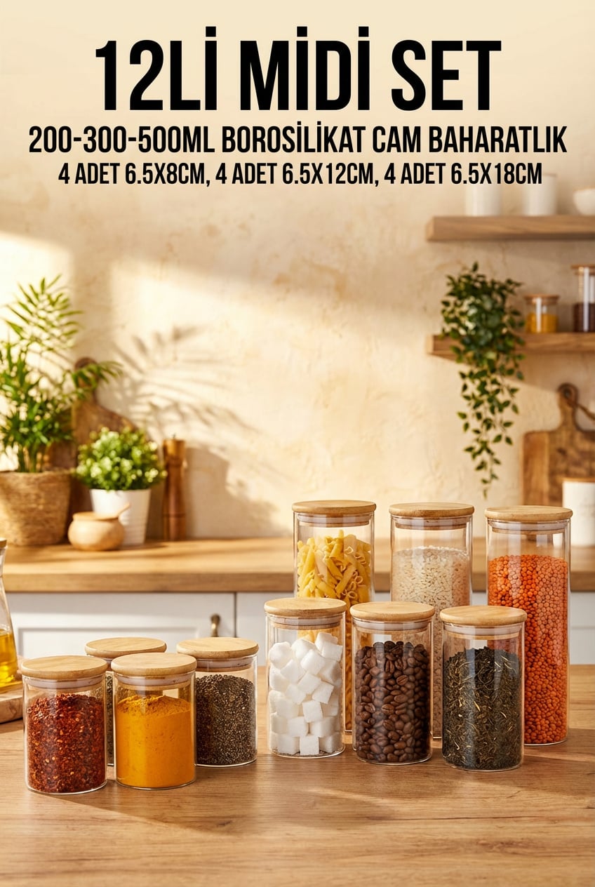 12'li Vakumlu Bambu Kapaklı Cam Baharatlık Seti – 200 ml, 300 ml, 500 ml - erkugo. dekoratif, işlevsel.