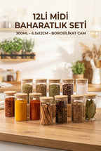 12'li Vakumlu Bambu Kapaklı Cam Baharatlık Seti (300 ml) - erkugo. dekoratif, işlevsel.