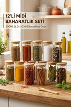 12'li Vakumlu Bambu Kapaklı Cam Baharatlık Seti (300 ml) - erkugo. dekoratif, işlevsel.