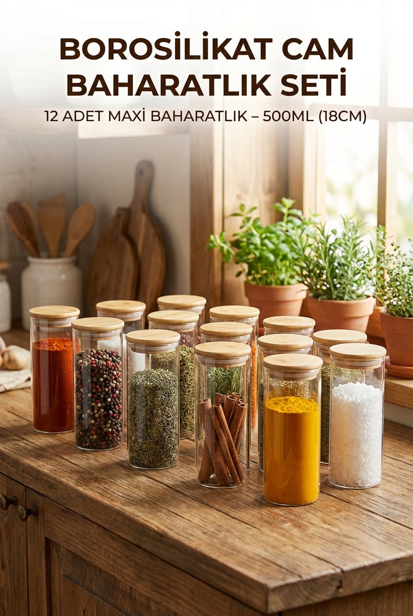 12'li Vakumlu Bambu Kapaklı Maxi Cam Baharatlık Seti 500 ml - erkugo. dekoratif, işlevsel.