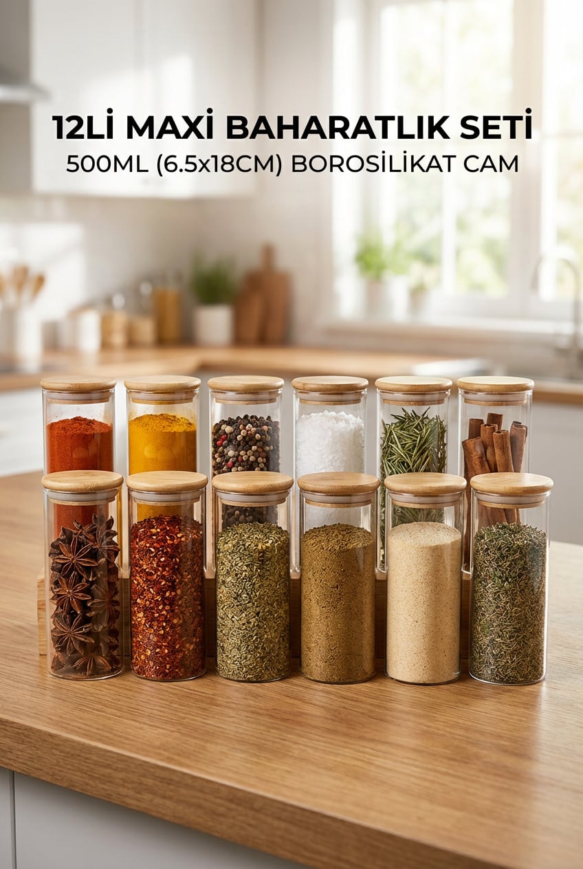 12'li Vakumlu Bambu Kapaklı Maxi Cam Baharatlık Seti 500 ml - erkugo. dekoratif, işlevsel.