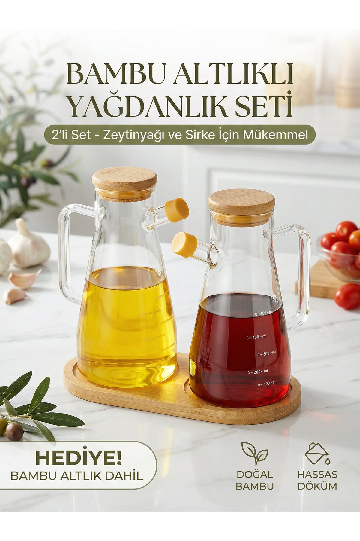 3'lü Yağdanlık Seti, 2 Adet 900 ml Yağdanlık ve Bambu Stant, Vakumlu Bambu Kapak