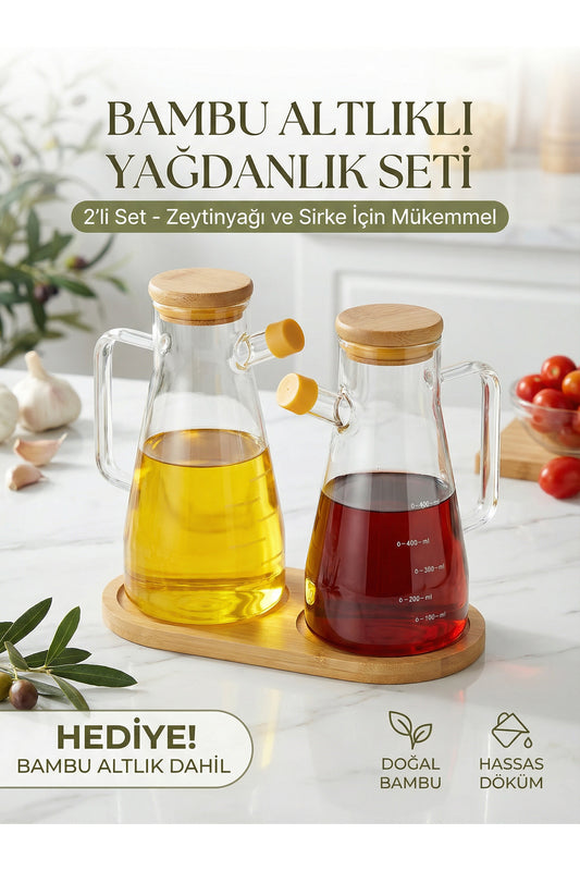 3'lü Yağdanlık Seti, 2 Adet 900 ml Yağdanlık ve Bambu Stant, Vakumlu Bambu Kapak