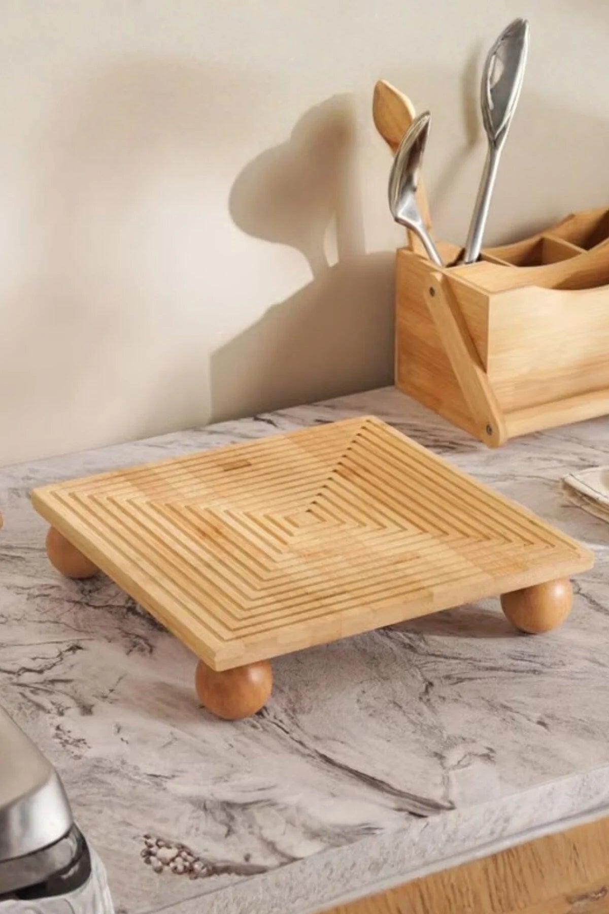 Bambu Dekoratif Top Ayaklı Sunum Tabağı, Servis Tabağı, (28 X 28 cm)