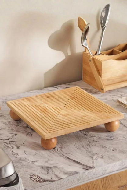 Bambu Dekoratif Top Ayaklı Sunum Tabağı, Servis Tabağı, (28 X 28 cm)