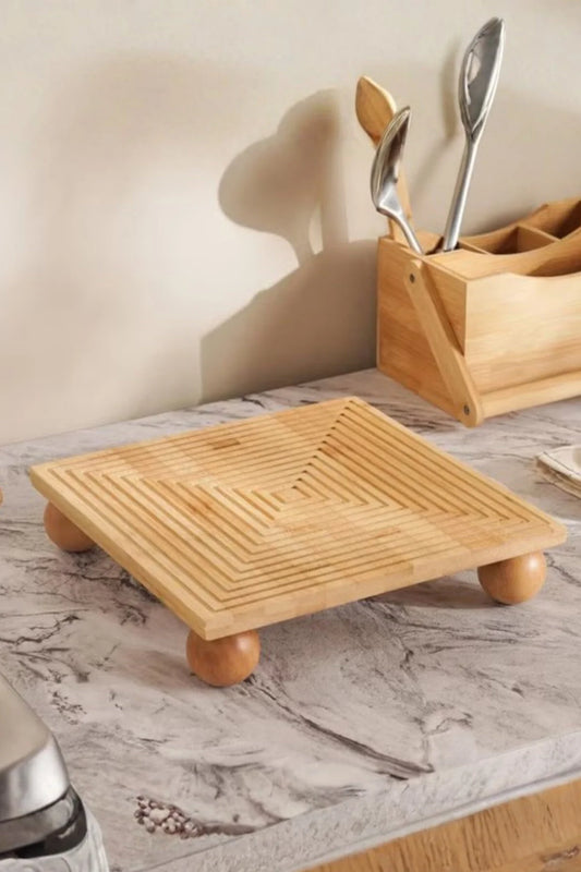 Bambu Dekoratif Top Ayaklı Sunum Tabağı, Servis Tabağı, (28 X 28 cm)