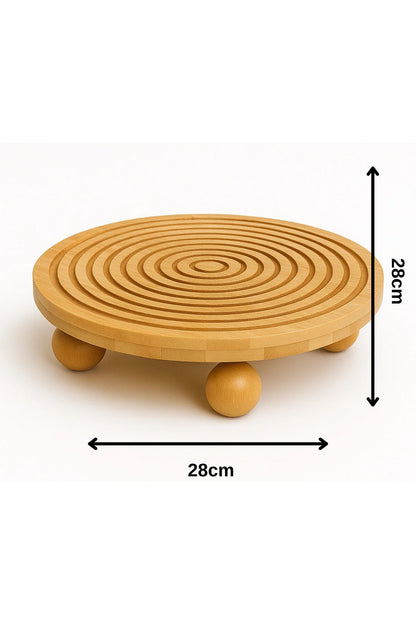 Bambu Dekoratif Top Ayaklı Yuvarlak Sunum Tabağı, Servis Tabağı, (28 X 28 cm)