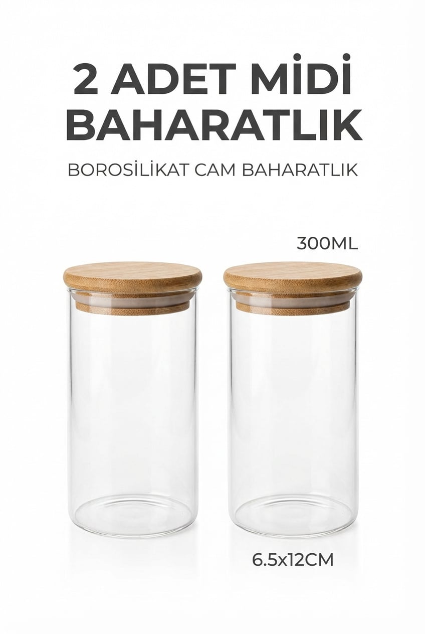 2'li Vakumlu Bambu Kapaklı Cam Baharatlık Seti (300 ml) - erkugo. dekoratif, işlevsel.