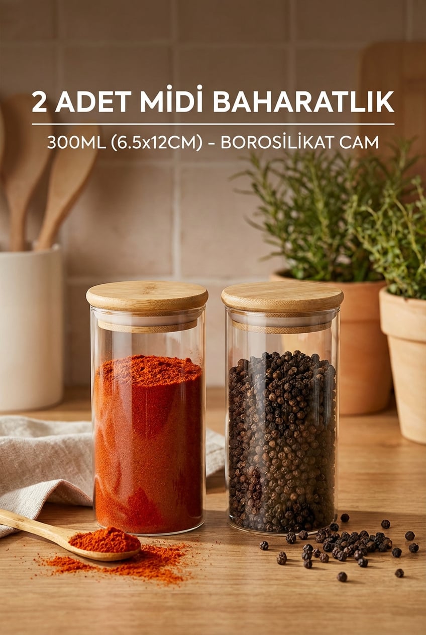 2'li Vakumlu Bambu Kapaklı Cam Baharatlık Seti (300 ml) - erkugo. dekoratif, işlevsel.