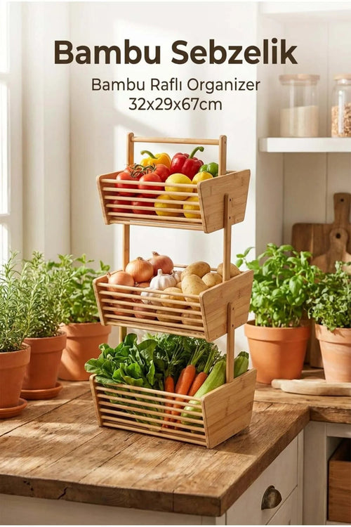 3 Katlı Bambu Sebze Meyvelik Organizer (32 x 28.5 x 67 cm) - erkugo. dekoratif, işlevsel.