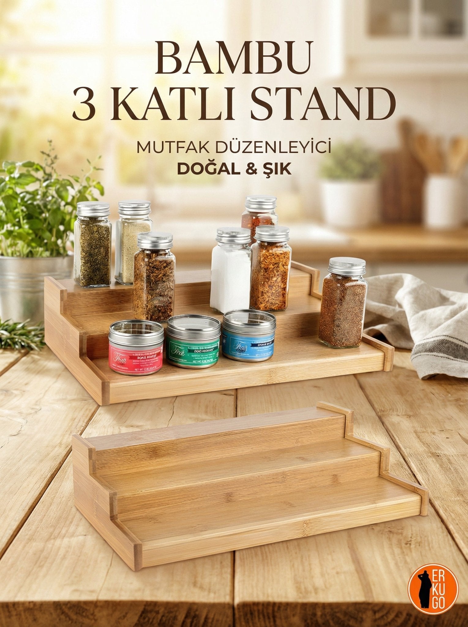 3 Katlı Bambu Stand Organizer, Baharatlık Düzenleyici - erkugo. dekoratif, işlevsel.