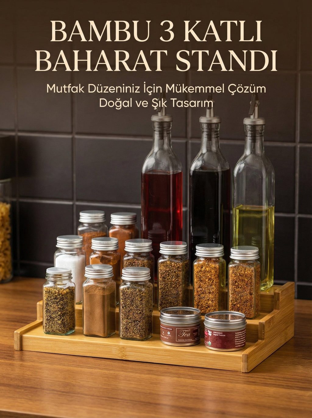 3 Katlı Bambu Stand Organizer, Baharatlık Düzenleyici - erkugo. dekoratif, işlevsel.