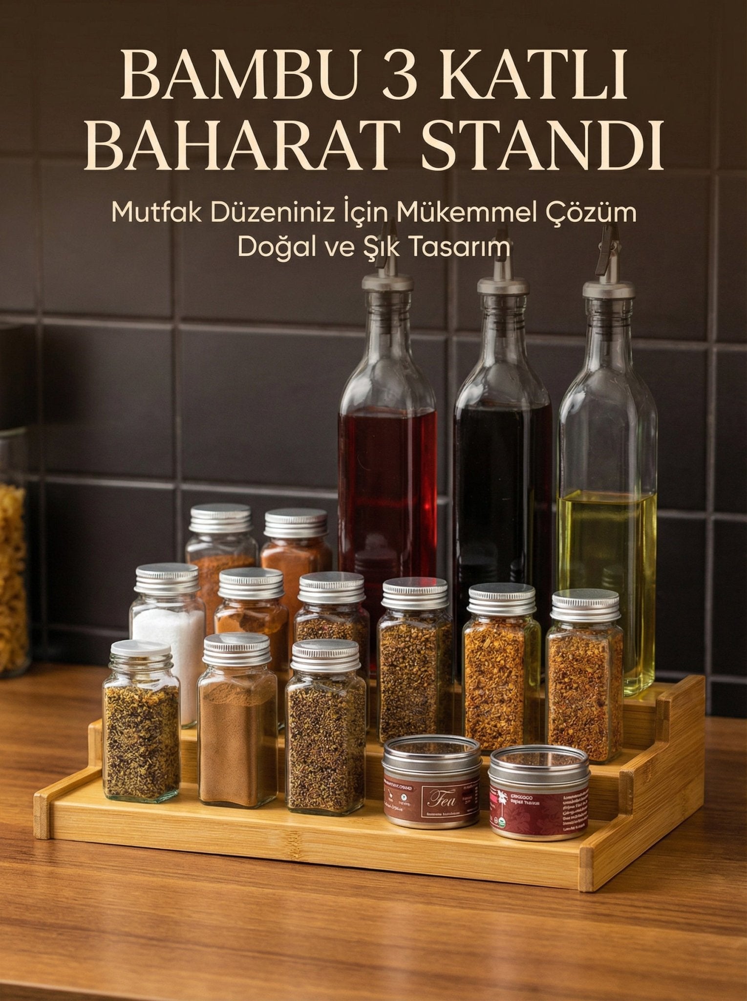 3 Katlı Bambu Stand Organizer, Baharatlık Düzenleyici - erkugo. dekoratif, işlevsel.