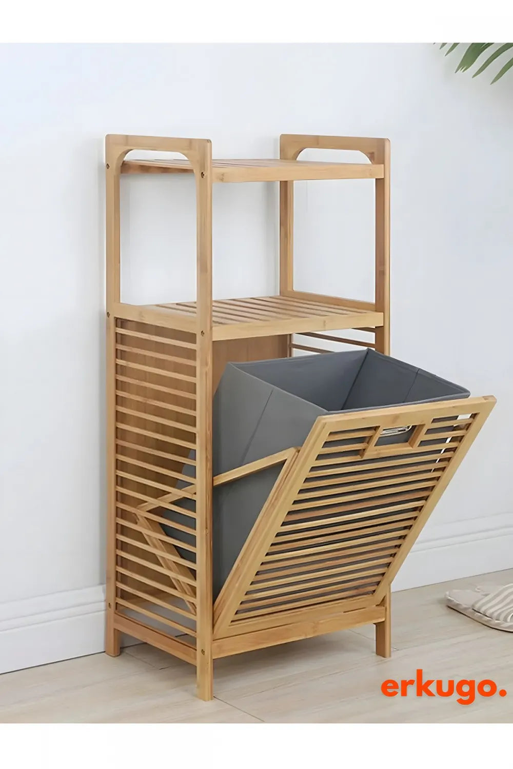 Bambu Kirli Sepetli Dolap, 2 Katlı, Çamaşır Sepeti, Banyo Dolabı
