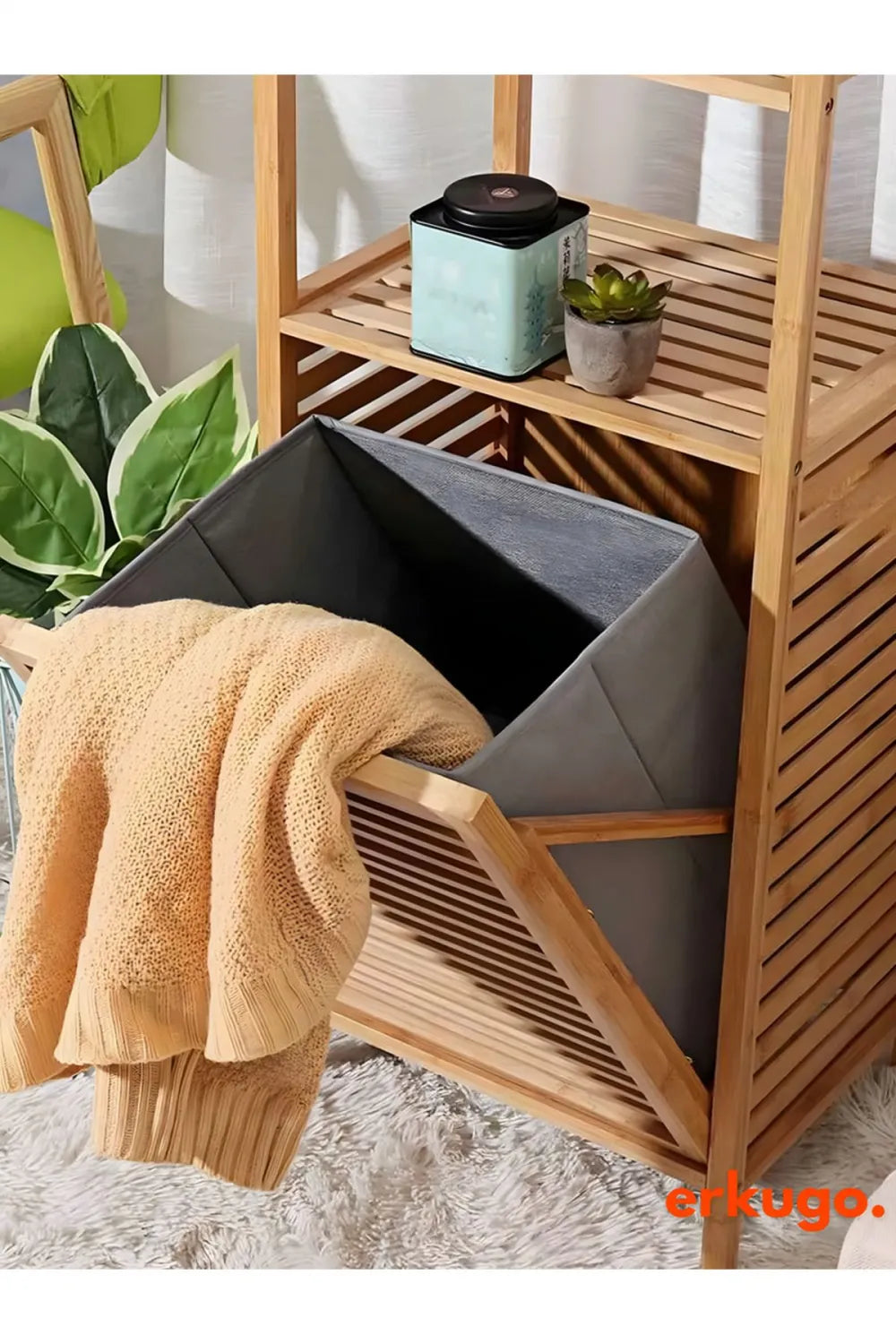 Bambu Kirli Sepetli Dolap, 2 Katlı, Çamaşır Sepeti, Banyo Dolabı