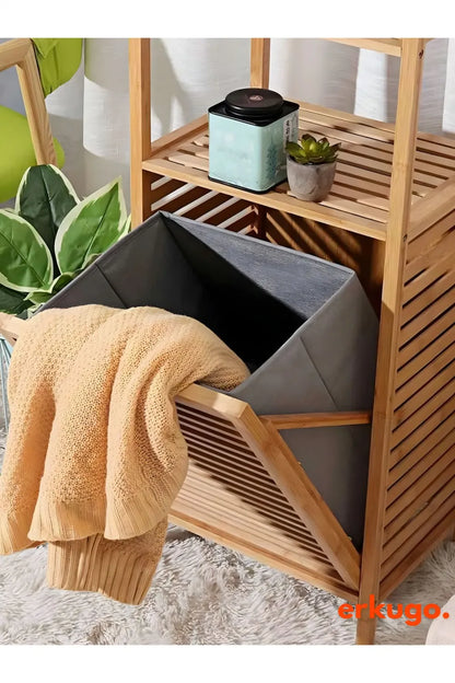 Bambu Kirli Sepetli Dolap, 2 Katlı, Çamaşır Sepeti, Banyo Dolabı