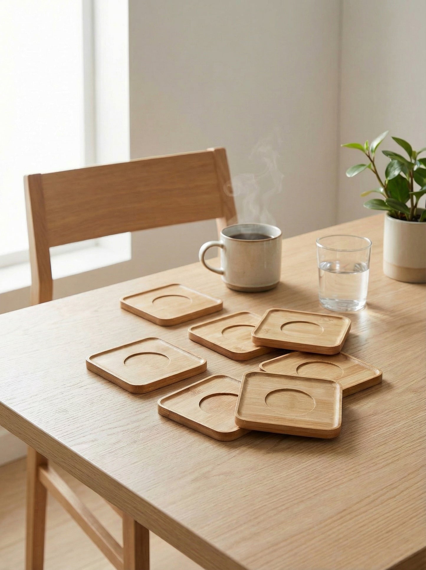 6’lı Bambu Kare Çay Tabağı Seti 10x10 cm – Doğal Ahşap Görünümlü Servis Tabakları