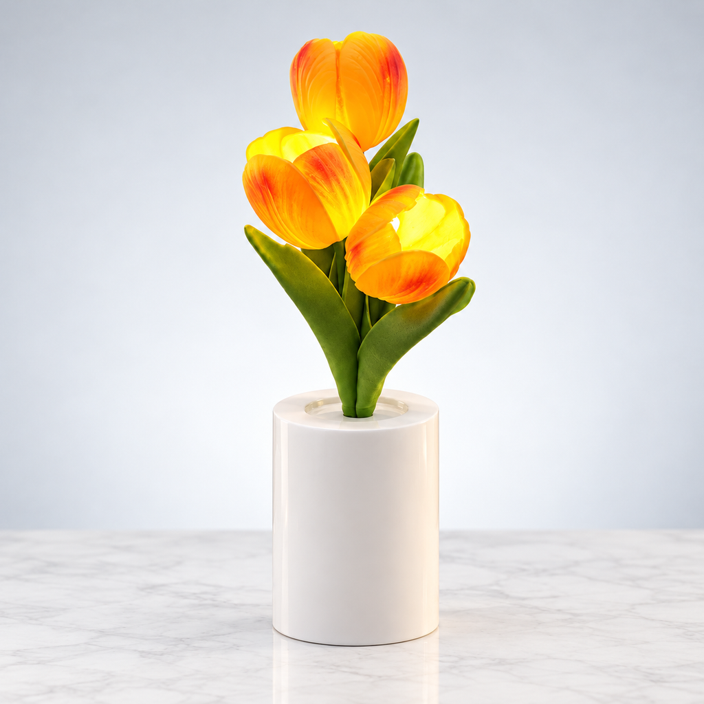 3’lü LED Lale Çiçek Dekoratif Masa Lambası 25 cm Pilli Yapay Çiçek Gece Lambası 7 cm Taban Çapı Ev Salon Yatak Odası Dekoru