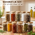 12'li Vakumlu Bambu Kapaklı Cam Baharatlık Seti (300 ml)