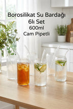 6'lı Borosilikat Cam Pipetli Bardak Seti 600 ml – Çizgili Tasarım - erkugo. dekoratif, işlevsel.