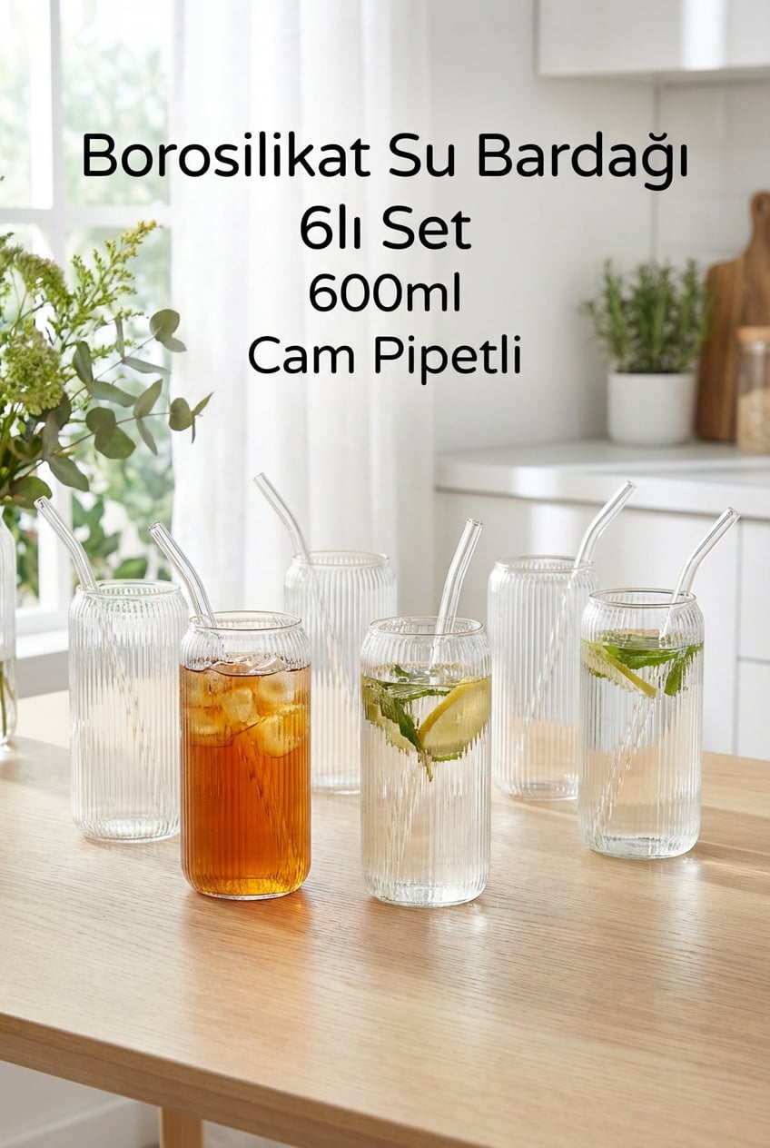 6'lı Borosilikat Cam Pipetli Bardak Seti 600 ml – Çizgili Tasarım - erkugo. dekoratif, işlevsel.