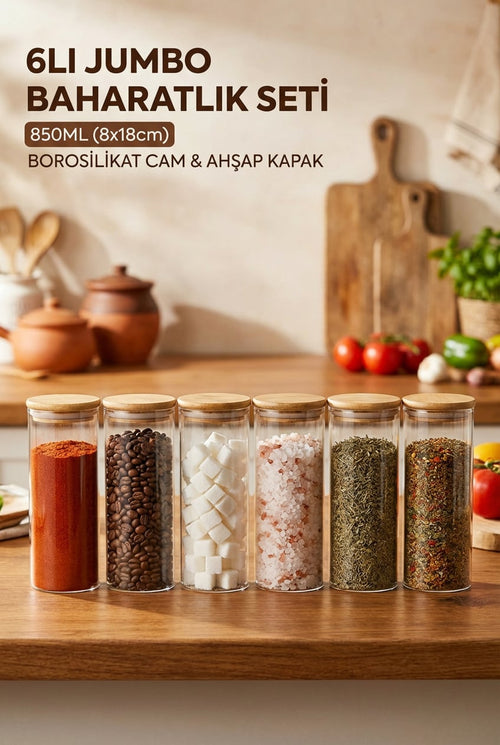 6'lı Vakumlu Bambu Kapaklı Cam Kavanoz Seti 850 ml – King Boy - erkugo. dekoratif, işlevsel.