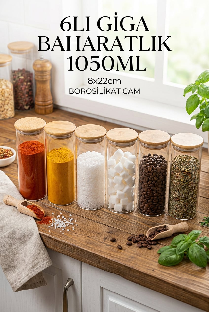 6'lı Vakumlu Bambu Kapaklı Giga Cam Baharatlık Seti 1050 ml - erkugo. dekoratif, işlevsel.