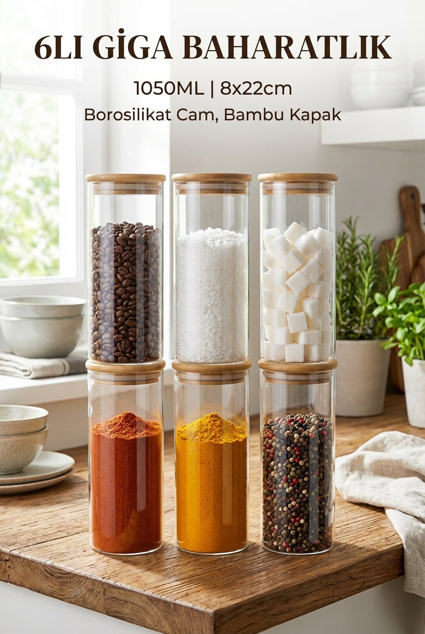 6'lı Vakumlu Bambu Kapaklı Giga Cam Baharatlık Seti 1050 ml - erkugo. dekoratif, işlevsel.