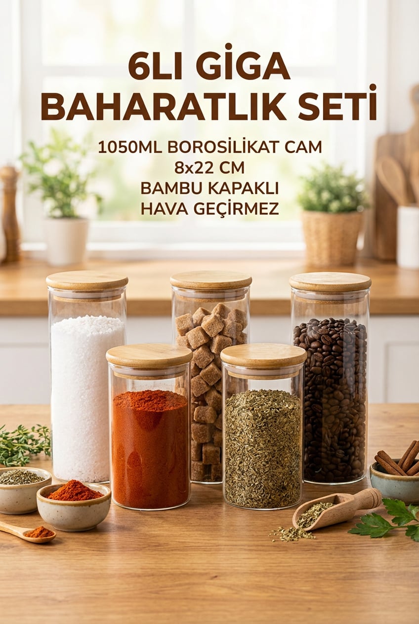 6'lı Vakumlu Bambu Kapaklı Giga Cam Baharatlık Seti 1050 ml - erkugo. dekoratif, işlevsel.