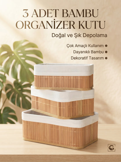 3'lü Bambu Sepet, Saklama Kutusu – Dikdörtgen & Astarlı