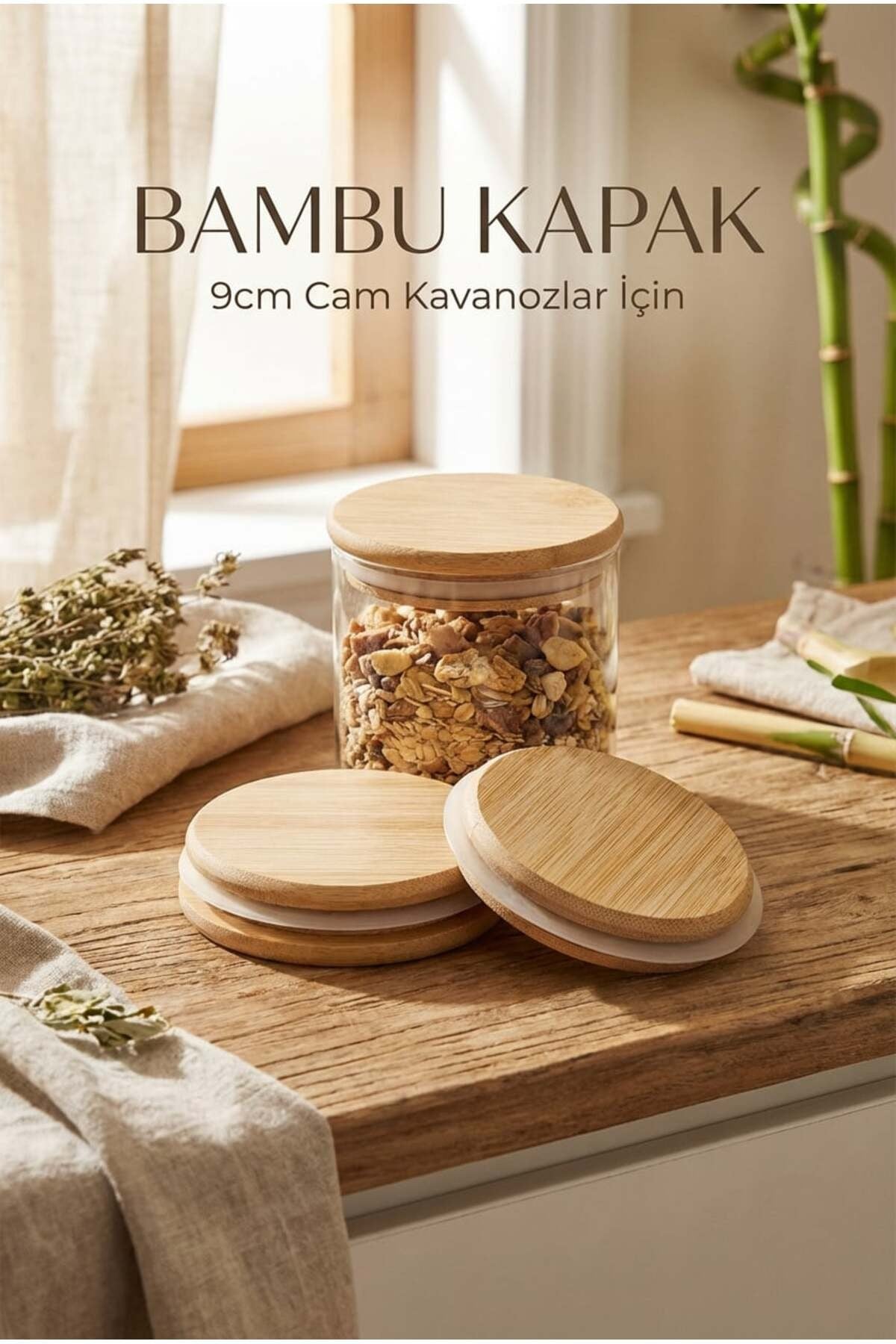 9cm Vakumlu Bambu Kavanoz Kapağı - erkugo. dekoratif, işlevsel.