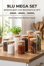 9'lu Bambu Kapaklı Cam Baharatlık ve Saklama Kavanozu Seti (650-850-1050 ml) - erkugo. dekoratif, işlevsel.