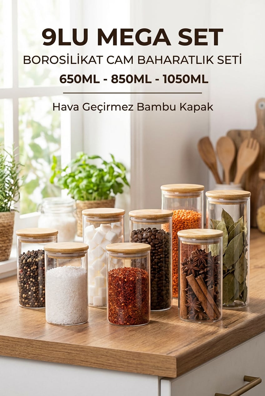 9'lu Bambu Kapaklı Cam Baharatlık ve Saklama Kavanozu Seti (650-850-1050 ml) - erkugo. dekoratif, işlevsel.