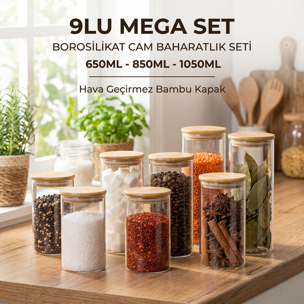 9'lu Bambu Kapaklı Cam Baharatlık ve Saklama Kavanozu Seti (650-850-1050 ml) - erkugo. dekoratif, işlevsel.